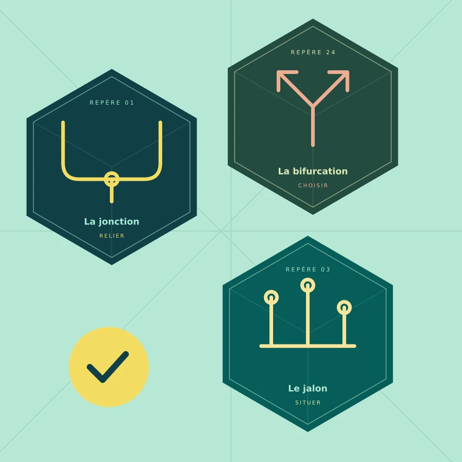 Composition originale de tesselles hexagonales : relier, choisir et trouver un repère.