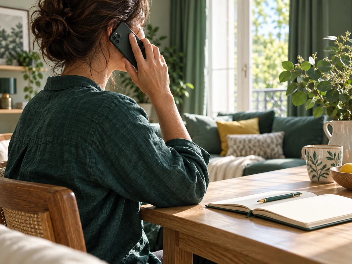 Une personne au téléphone près d’une fenêtre, avec un carnet pour préparer son échange