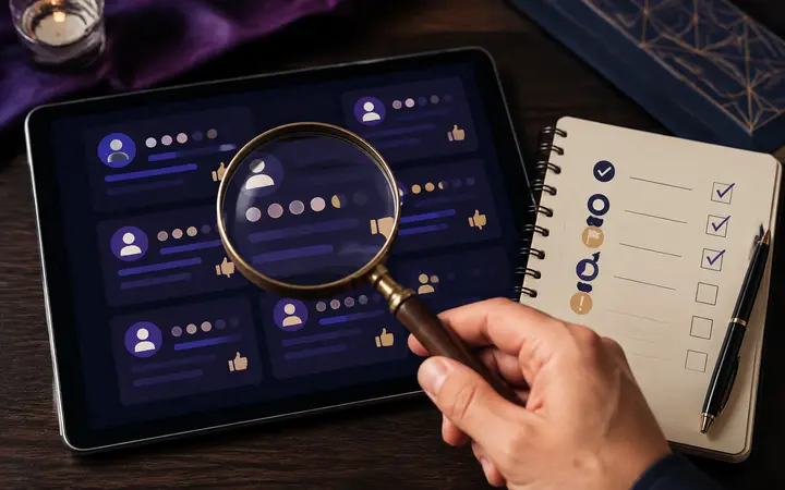 Analyse d’avis clients sur une plateforme de voyance avec une loupe