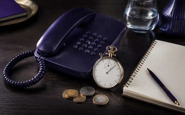Téléphone, chronomètre et pièces illustrant le coût d’un audiotel de voyance