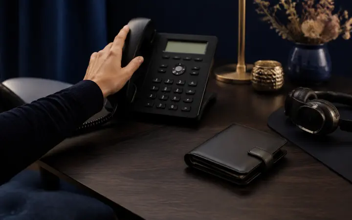 Téléphone, portefeuille fermé et casque pour consulter sans carte bancaire